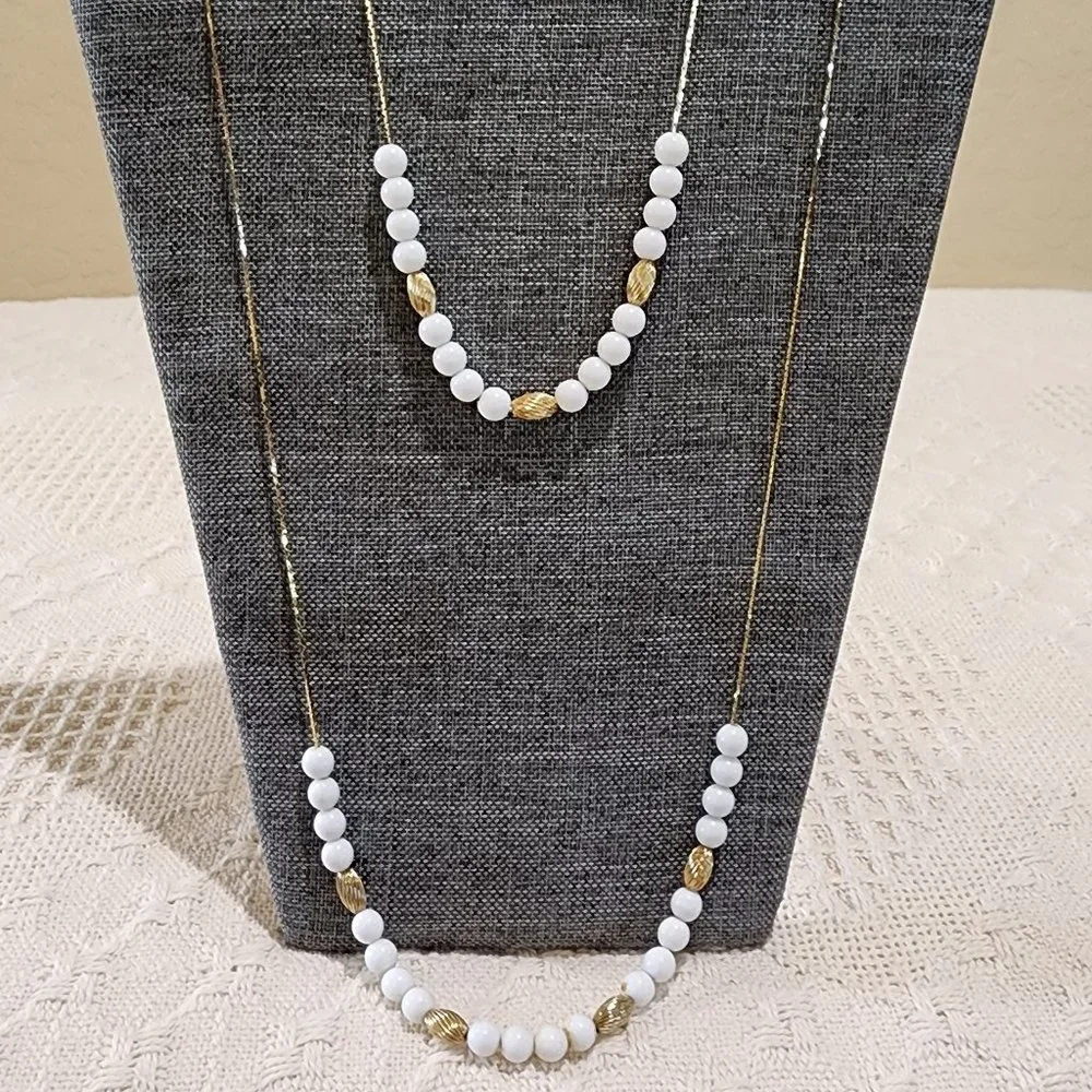 MCM 2 x Vintage Floating Round White and Spiral Gold Bead Gold Chain Necklace